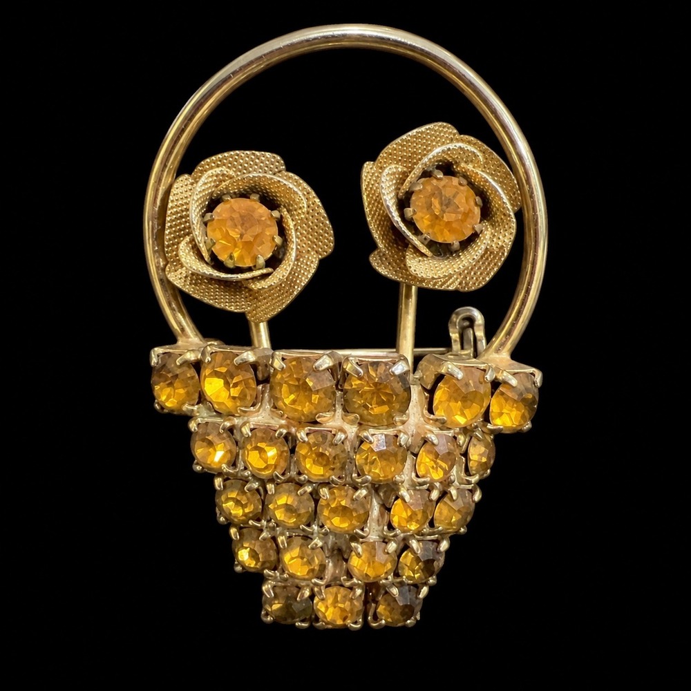 Vtg Flower Basket Brooch Gold Tone Amber Rhinestone Floral Figural Pin 1.8"